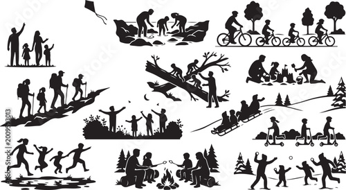 Foto Set of black silhouettes of families and children enjoying outdoor activities li