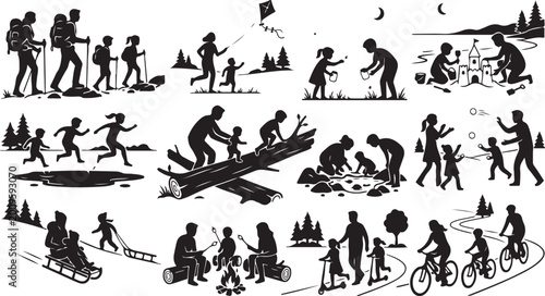 Фотография Set of black silhouettes showing happy families and children enjoying various ou