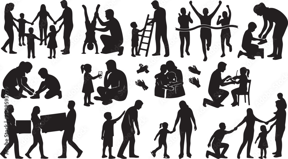 Fototapeta premium Set of black silhouettes showing happy families and parents with children doing daily activities and playing together in various situations isolated on white background, Vector, illustration