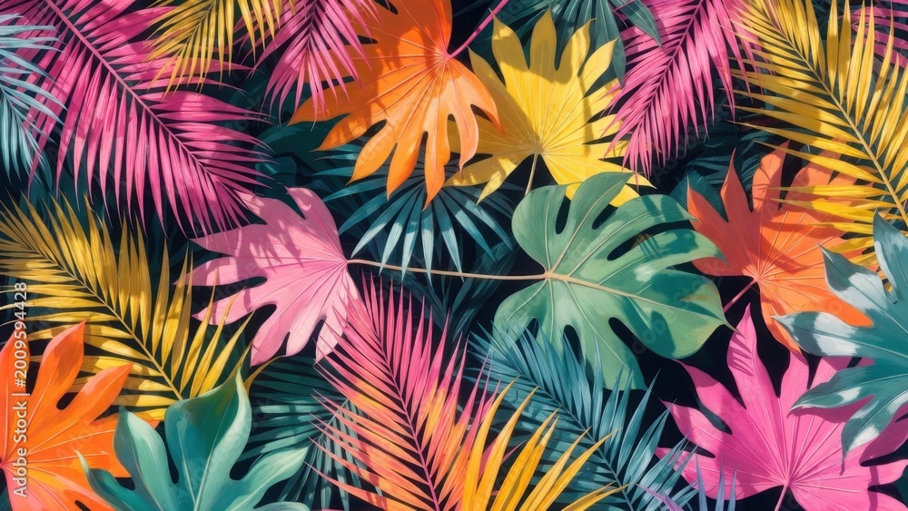 Naklejka premium Mixed tropical leaves arranged across dark flat surface