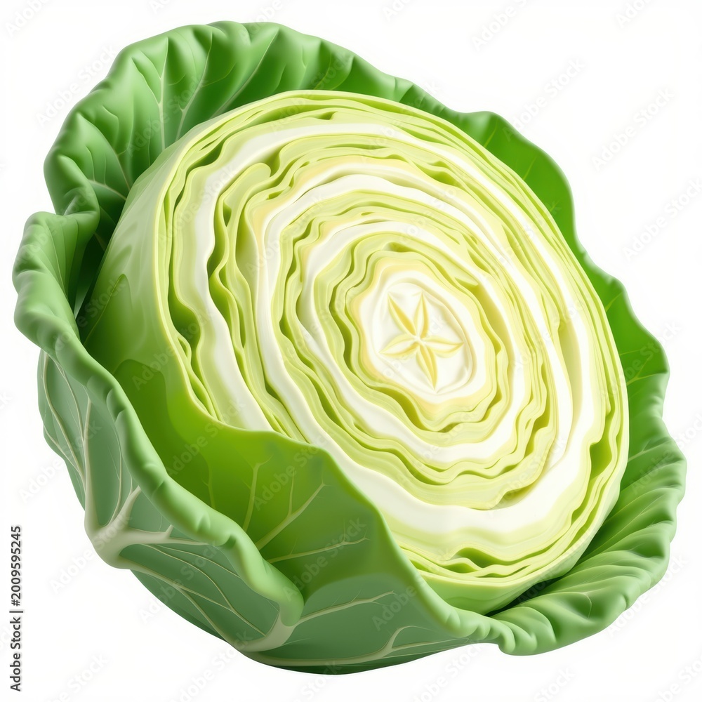 Fototapeta premium Half of a fresh green cabbage with leafy outer layers and detailed inner rings.