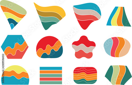 Set of Retro vintage sunset striped shapes vector background, 70s 80s Old Color, different shape retro sunset style Collection design element 