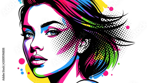 Vibrant pop art woman portrait illustration.