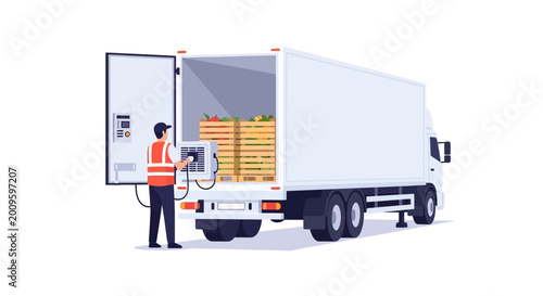 Delivery Driver Loading Refrigerated Truck with Pallets of Fresh Produce