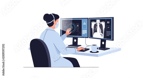 Photos Doctor analyzing medical scan on computer with AI interface and chest X-ray