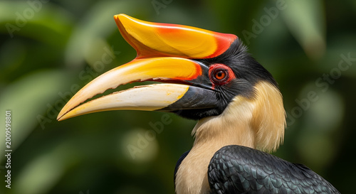 Close-up of a Great Hornbill bird with vibrant yellow red and black beak and plumage