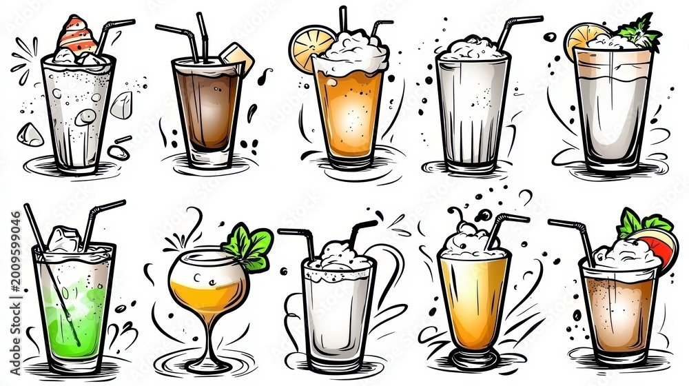 Obraz premium Hand Drawn Cocktail and Beverage Illustrations Set on White