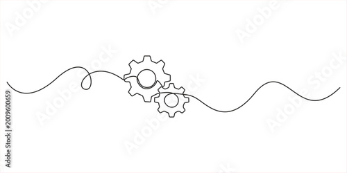 Fotografi Illustration of three interlocking gears of different sizes, made in one continuous line
