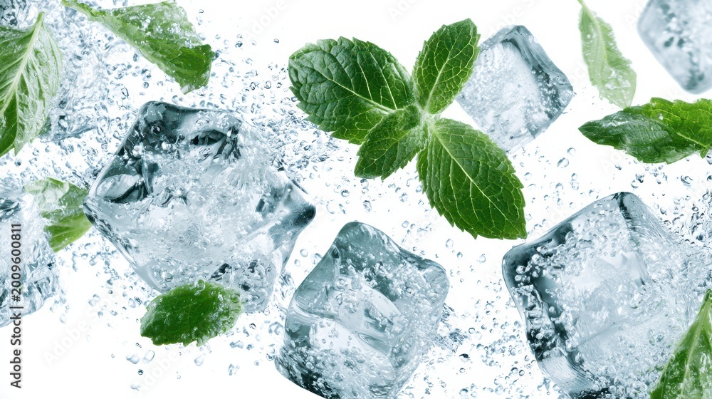 Fototapeta premium Refreshing mint leaves and ice cubes splashing in clear water with bubbles