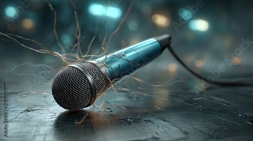 Dynamic and Electrifying Microphone with Surging Electric Energy on Dark Metallic Background