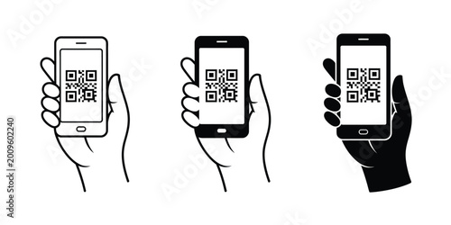 Foto QR code scan icon vector set featuring mobile phone scanning symbol and hand holding phone for digital payment and app interface design