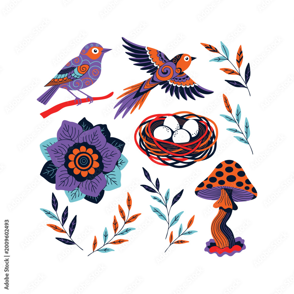 Fototapeta premium Boho Folk Art Nature Set with Decorative Birds, Nest, Mushroom, and Floral Elements