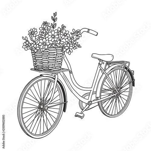 Vintage Bicycle with Flower Basket Doodle Illustration