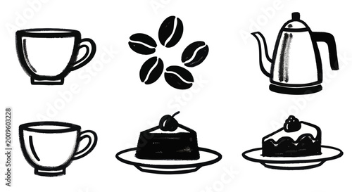 Bild auf Leinwand Coffee and Cake Icons Set - Cups, Beans, Pot, and Dessert Slices.