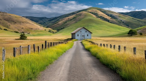 Serene Country Road Leading to Rustic White Barn Surrounded by Lush Green Hills and Vibrant Yellow Grasslands