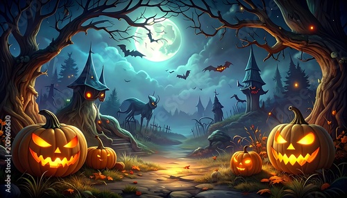A spooky Halloween scene with jack-o-lanterns and a full moon