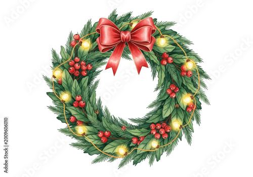 Green wreath with red berries and white flowers on white