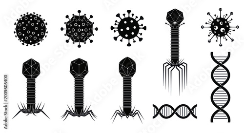 Obraz na plátně Collection of Viruses and Bacteriophages with DNA Strands.