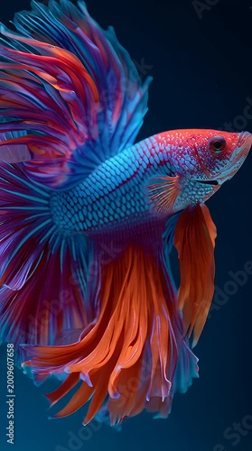 Vibrant close-up shot of a colorful betta fish swimming against a dark blue background