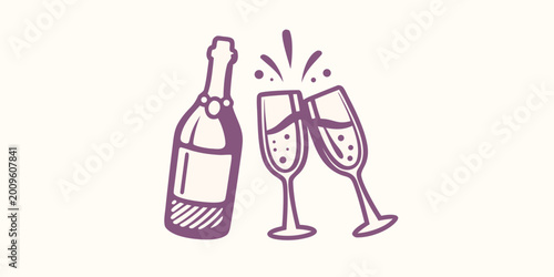 Tableau sur toile Wine bottle and two clinking champagne glasses hand drawn style illustration on