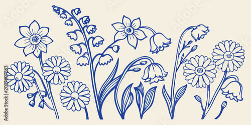 Bild auf Leinwand Stylized floral arrangement with daisies lilies and bellflowers blue line drawin