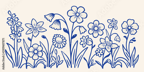 Foto Stylized floral arrangement with daisies daffodils and bellflowers in a blue lin