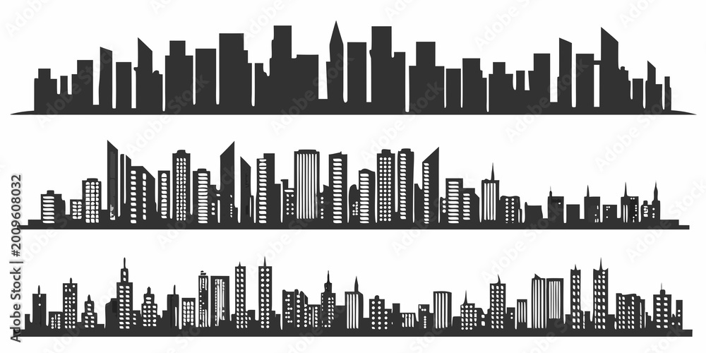 Obraz premium City skyline silhouettes with varying architectural styles on a white background high quality professional detailed