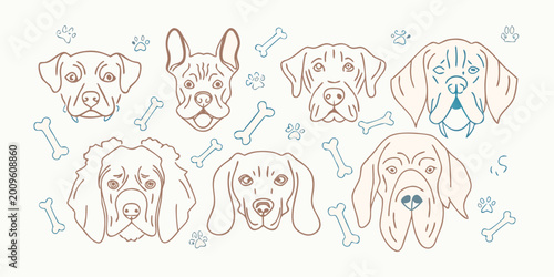 Obraz na płótnie Line drawing illustration of seven dog breeds with bones on a cream background h