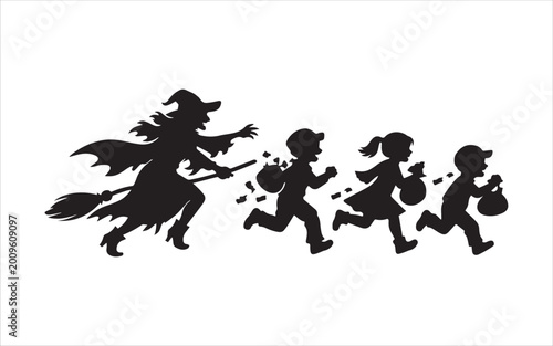 Tableau sur toile Witch on broomstick chasing children trick or treating silhouette