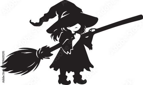 Canvas Print Cute little child witch holding a large broomstick silhouette