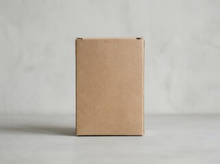 A rectangular product box mockup sits on a surface in a room.