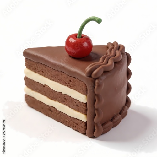 3D Chocolate Layer Cake Slice with Cherry – Minimal Clay Style Dessert Icon
