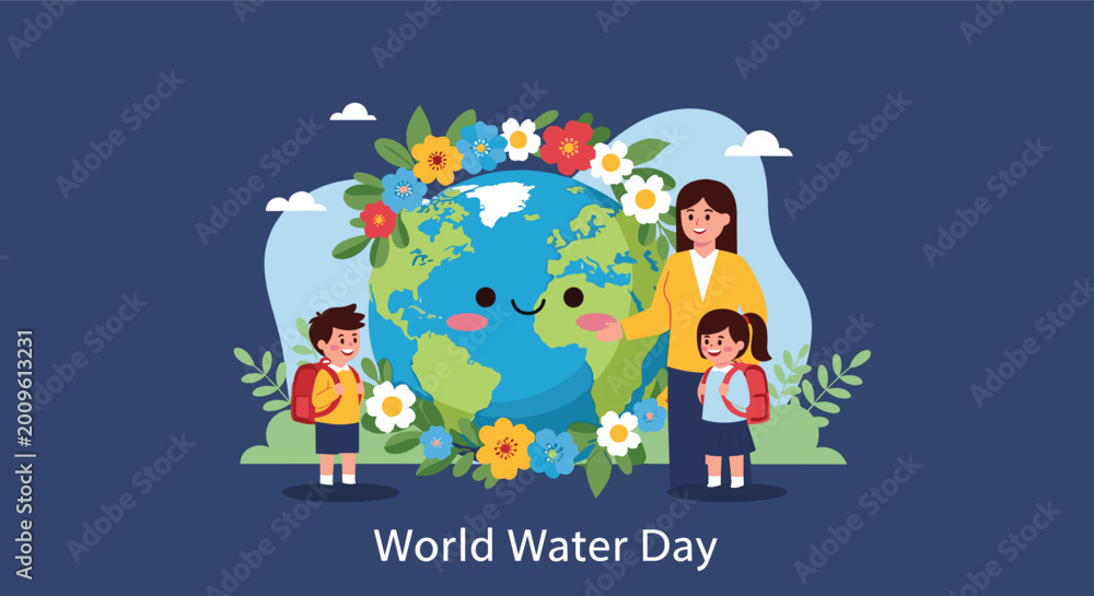 Naklejka premium Teacher and students celebrate World Water Day next to a smiling Earth globe decorated with a colorful flower wreath.