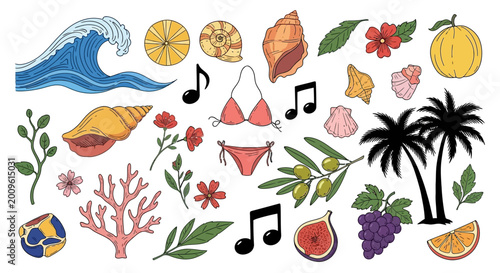 Set of colorful summer travel and tropical vacation themed hand drawn doodle elements.