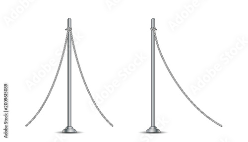 Fotografie Two stanchions with gray ropes attached vector illustration for crowd control or