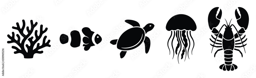 Obraz premium Black silhouettes of various sea creatures and coral reef elements for ocean themed projects