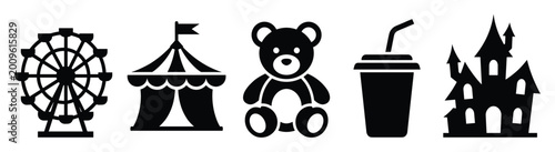 Entertainment themed graphic set featuring ferris wheel circus tent teddy bear drink and haunted house perfect for childrens event decorations