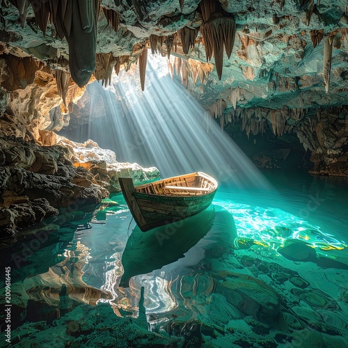 Sunbeams pierce cave ceiling, illuminating an empty rowboat on tranquil, turquoise water