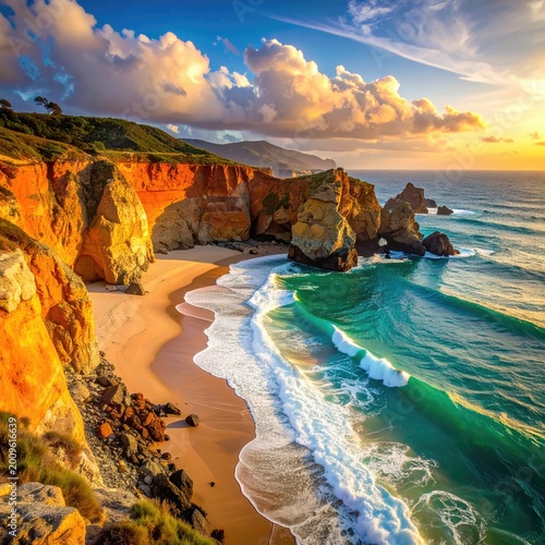 Sunlit cliffs meet turquoise waves on a golden sandy beach at sunset