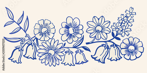 Bild auf Leinwand Stylized floral arrangement with daisies bellflowers and leaves in blue line art