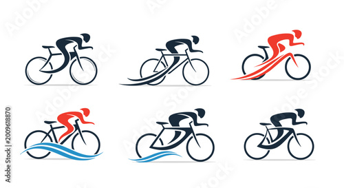 Minimalist cyclist silhouettes in various motion styles and colors, representing speed, endurance, and professional road cycling.