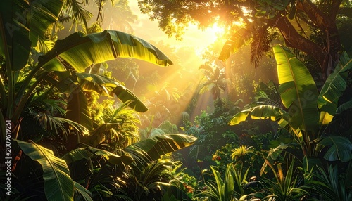 Sunbeams pierce dense jungle canopy, illuminating lush, vibrant foliage in golden light