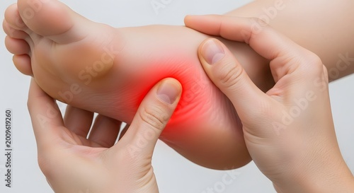Hands pressing on a painful foot sole with red inflammation. Plantar fasciitis and podiatry relief. Person massaging a sore foot with glowing red pain indicators