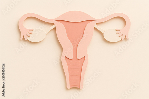 Minimal paper illustration of female reproductive system. delicate medical diagram showing uterus and ovary, representing clean and educational view of gynecology