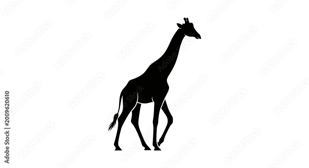 Fototapeta premium Silhouette of a walking giraffe against a white background, side view, isolated.