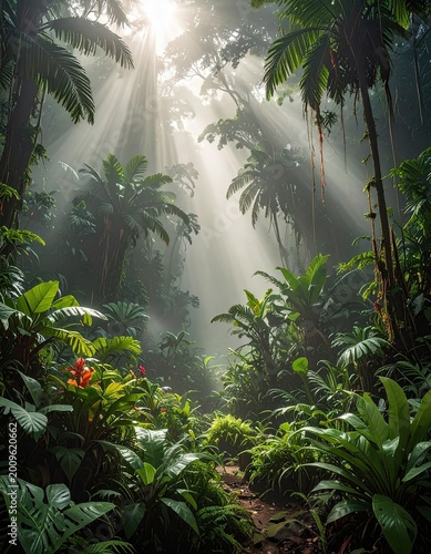Sunbeams pierce dense tropical foliage, illuminating a humid jungle path