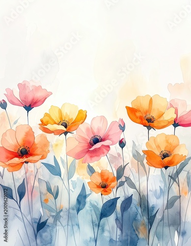 Watercolor flowers bloom with soft hues of orange, pink, and yellow