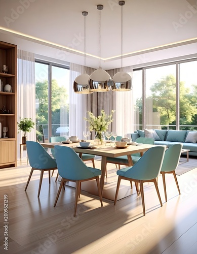 Sunlit dining area with teal chairs, light wood table, and contemporary pendant lights