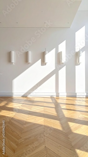 Sunlit empty room, herringbone floor, four wall sconces, diagonal shadows