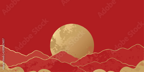 minimalist landscape illustration with golden moon and red hills